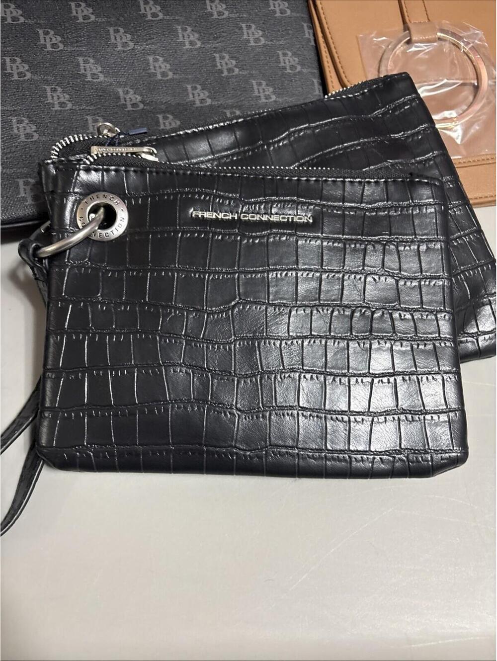 French Connection Black Dale Croco Double Pouch Wristlet NWTâ